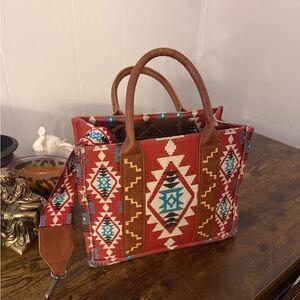 Wrangler Red Aztec Tote with Brown Trim and Turquoise Accents